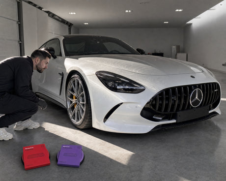 Daniel prüft im Streiflicht die Swirls auf der Motorhaube eines weißen Mercedes-AMG GT 63, davor Koch-Chemie Heavy Cut und Mi