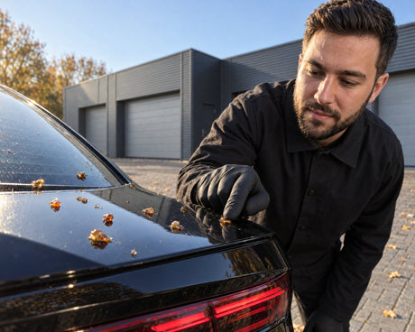 Detailing1 resina secca su Audi RS 5 nera, Daniel controlla le gocce di resina indurite sul cofano posteriore