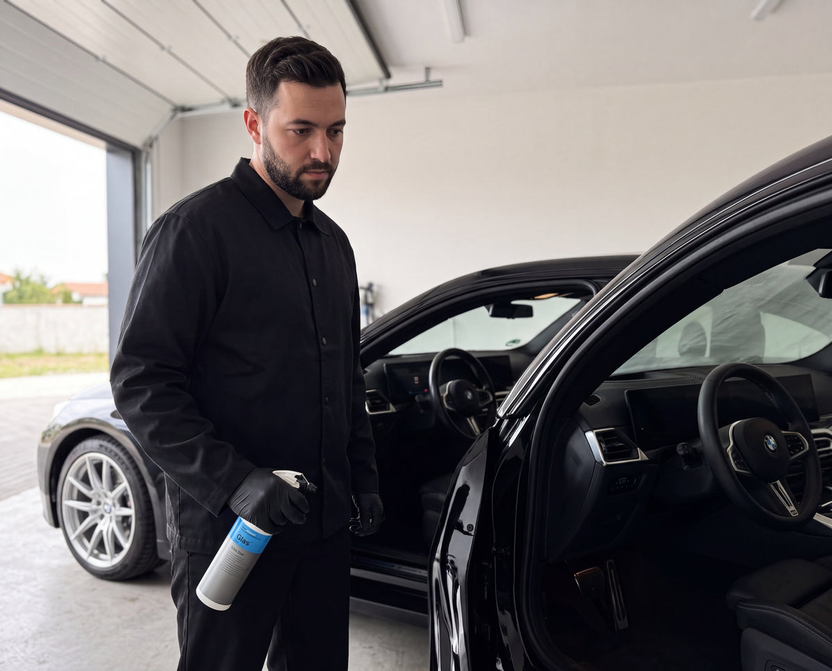 Milchiger Schmierfilm auf der Innenscheibe eines schwarzen BMW M2 mit Koch-Chemie Glas Star Gla