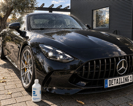 INNOVACAR "100%" Scale in front of a black Mercedes-AMG GT with white limescale spots on the windscreen — shown in the article “Removing limescale spots from car windows without scratching the glass”