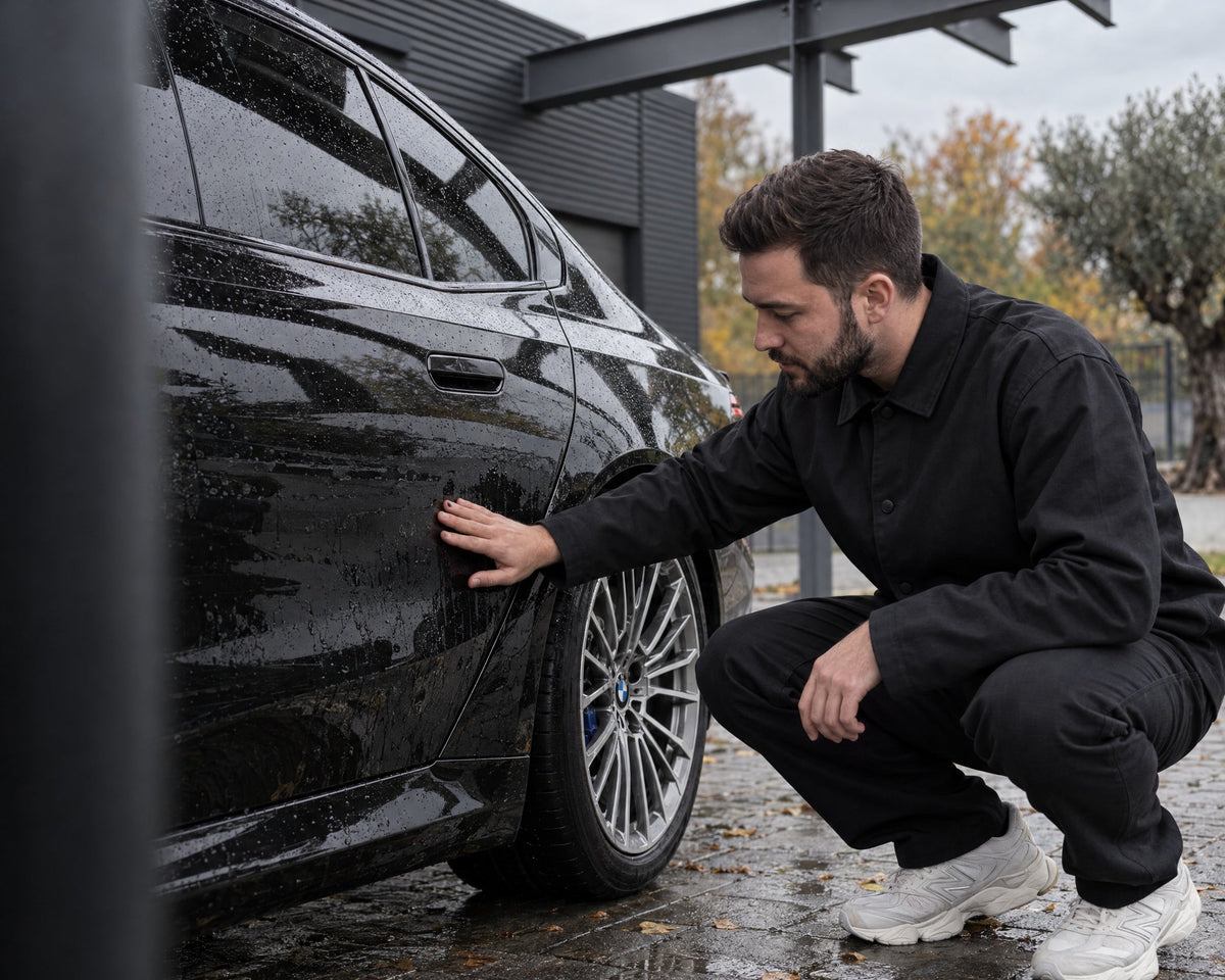Detailing1 paint protection check on a black BMW M5 — Daniel checks the rinse water on the rear door before winter