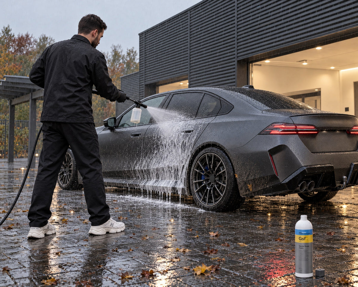 Detailing1 entretien peinture mate : Daniel prélave une berline gris mat sous la pluie au Koch-Chemie Gentle Snow Foam "Gsf"