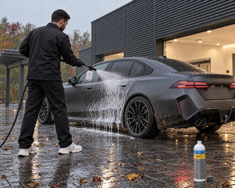 Detailing1 entretien peinture mate : Daniel prélave une berline gris mat sous la pluie au Koch-Chemie Gentle Snow Foam "Gsf"
