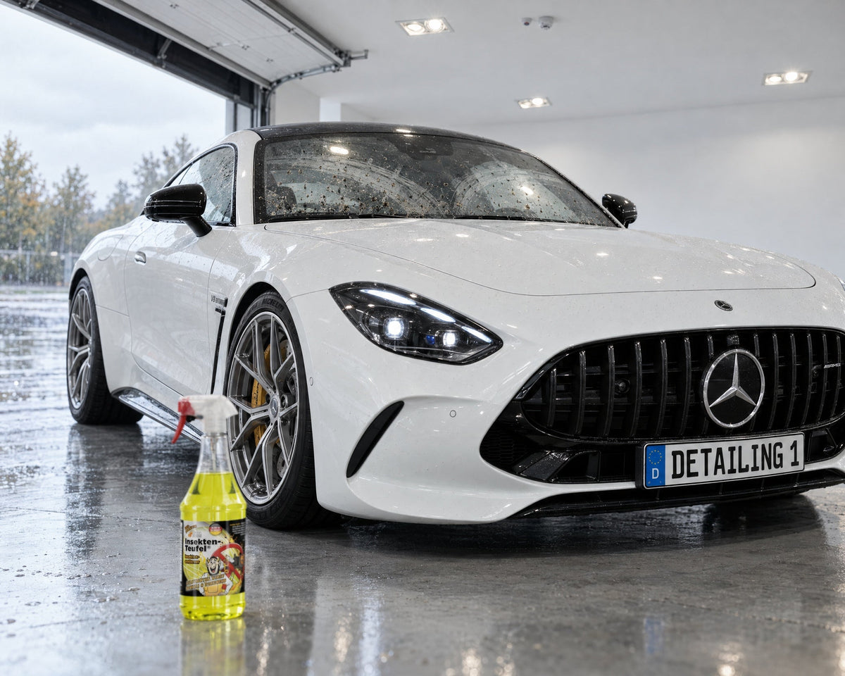 TUGA Chemie Insekten-Teufel delante de un Mercedes-AMG GT con restos de insectos en el parabrisas — mostrado en el artículo «5 motivos por los que el parabrisas se llena de marcas después del verano»