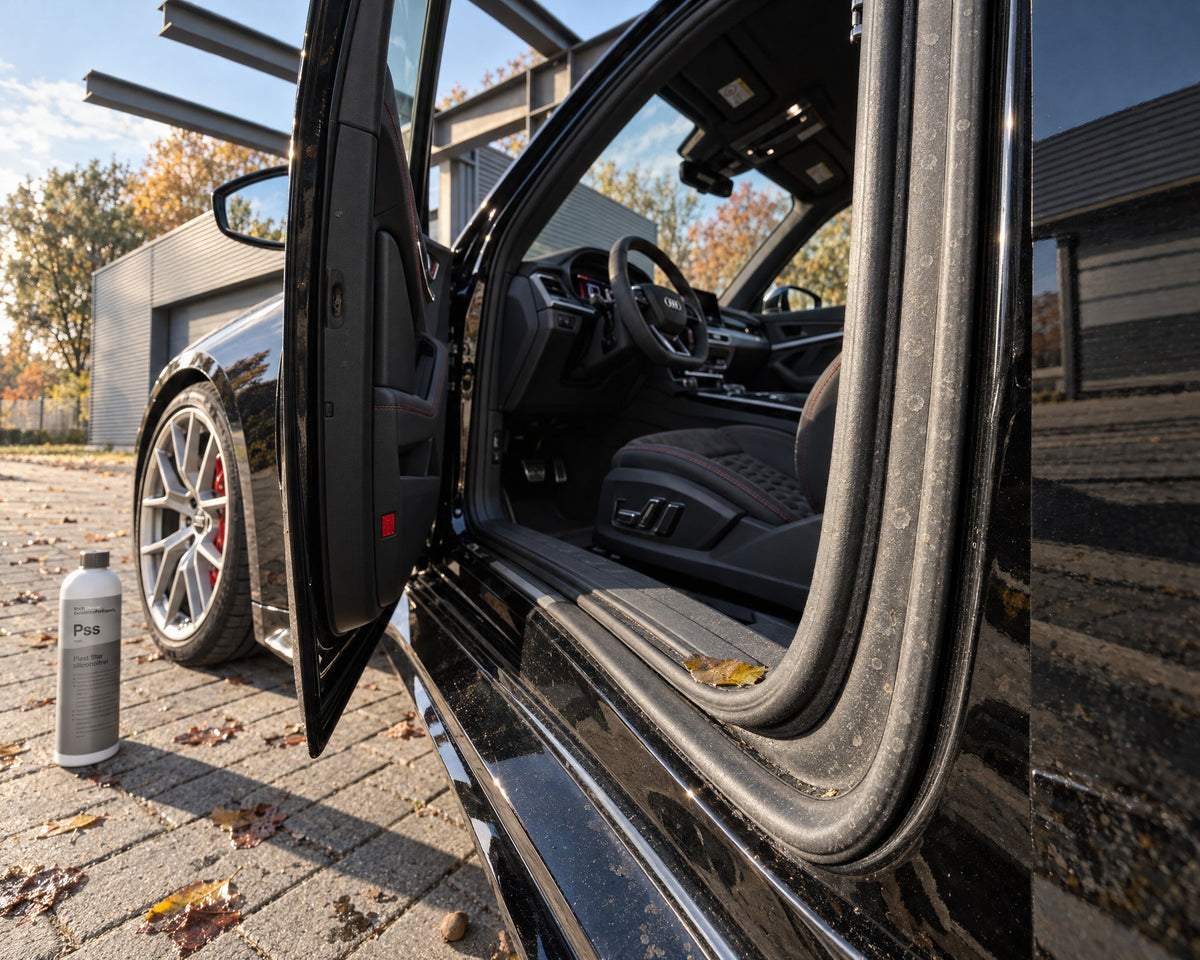 Koch-Chemie Plast Star junto a la puerta abierta de un Audi RS 5 con la goma polvorienta y apagada antes de la primera helada