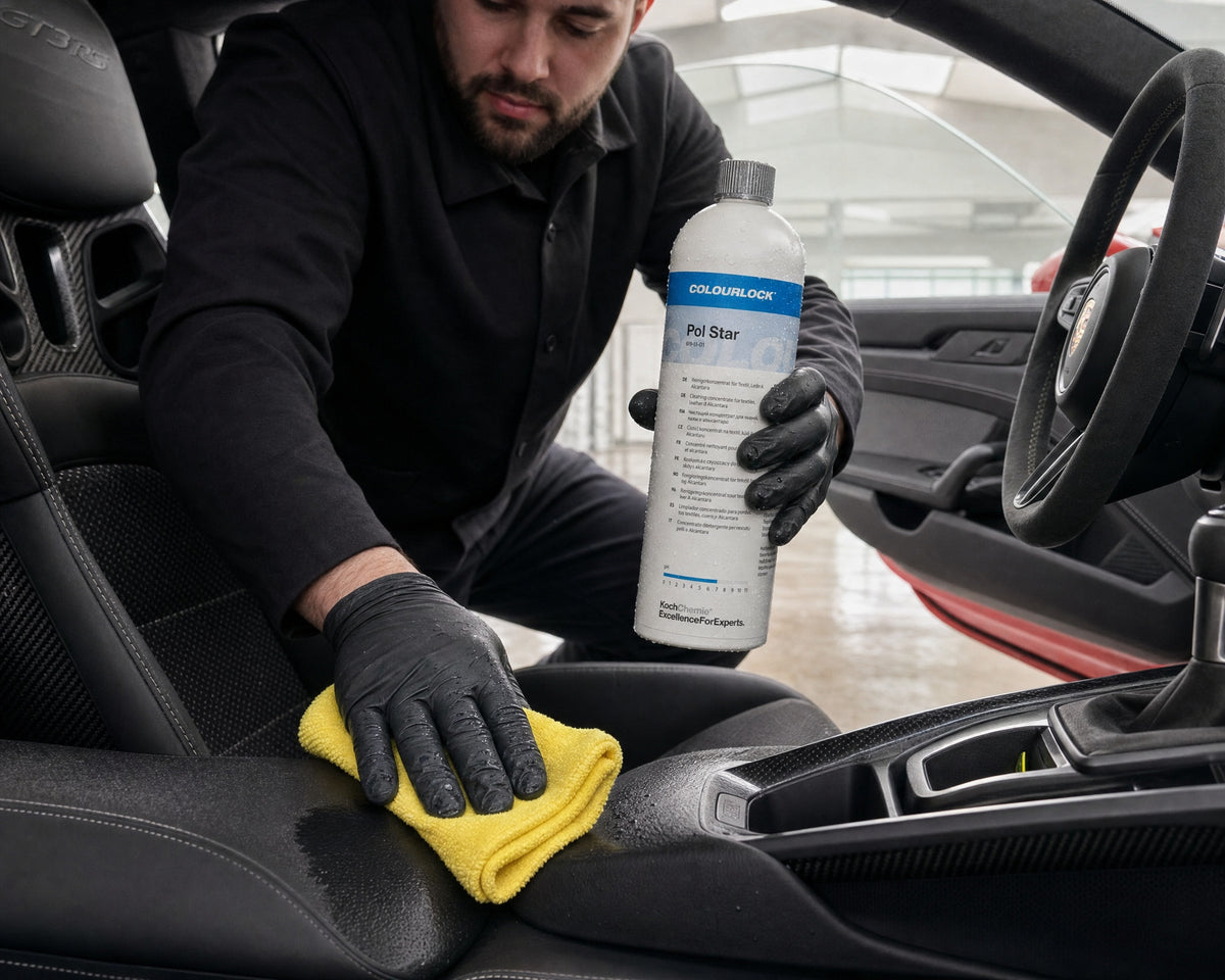 Detailing1 Koch-Chemie COLOURLOCK Pol Star on a smooth leather seat in a Porsche 911 GT3 RS (desktop)