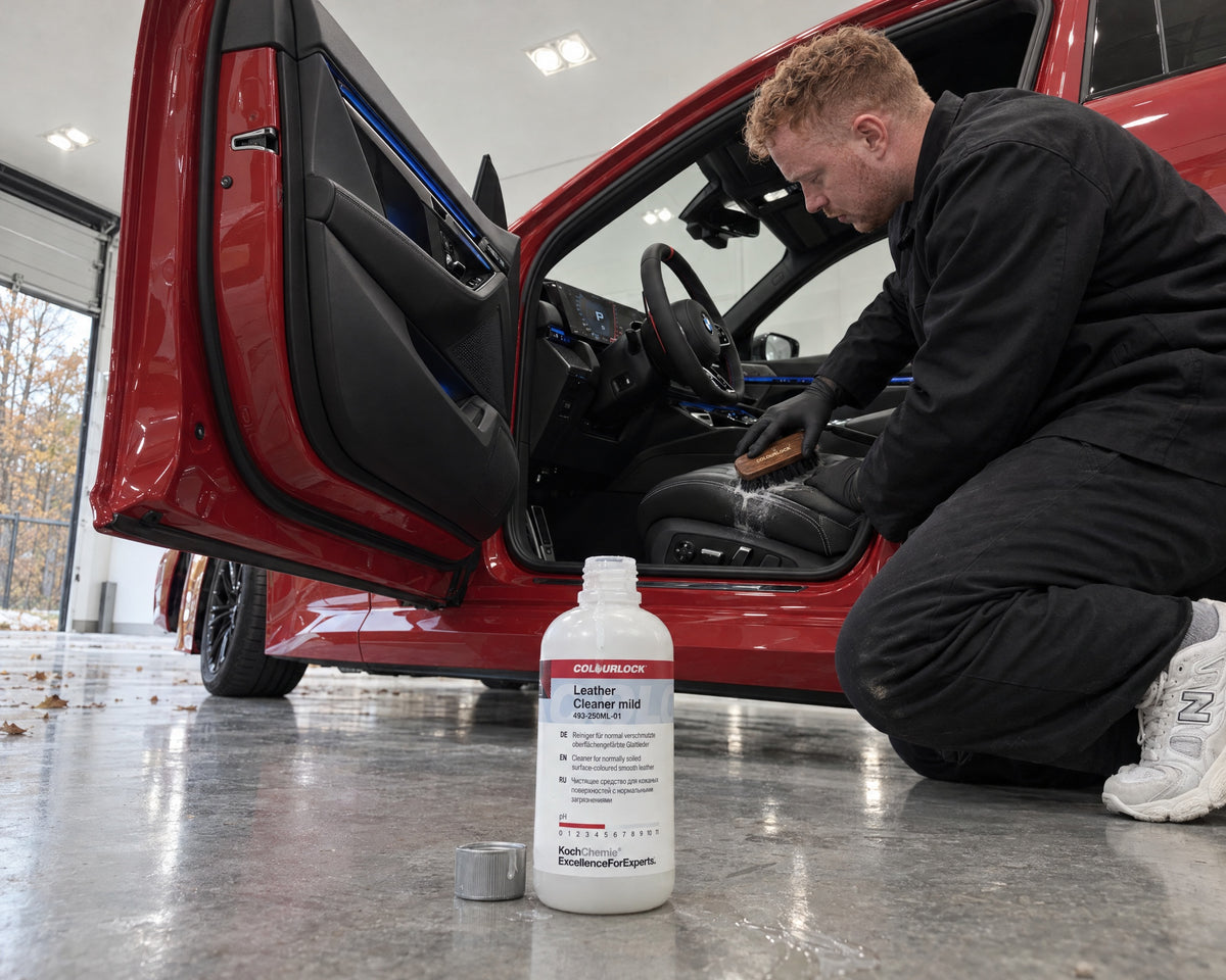 Detailing1 Hero: leather cleaner — cleaning smooth leather in a BMW with COLOURLOCK Leather Cleaner Mild (Desktop)