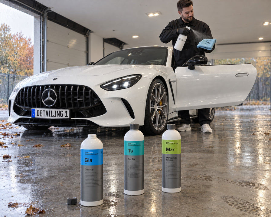 Detailing1 Spotlight: Koch-Chemie Glas Star Gla, Top Star Ts and Mehrzweckreiniger Mzr in front of a white Mercedes-AMG GT 63