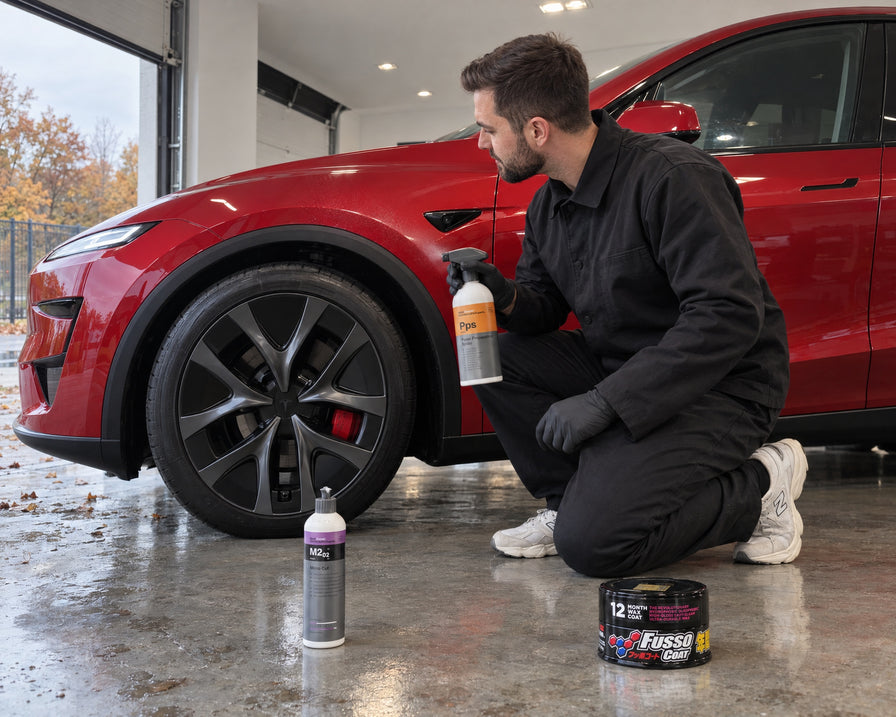 Detailing1 Spotlight: Koch-Chemie Micro Cut M2.02, Pps and Soft99 Fusso Coat on the floor beside a red Tesla Model Y