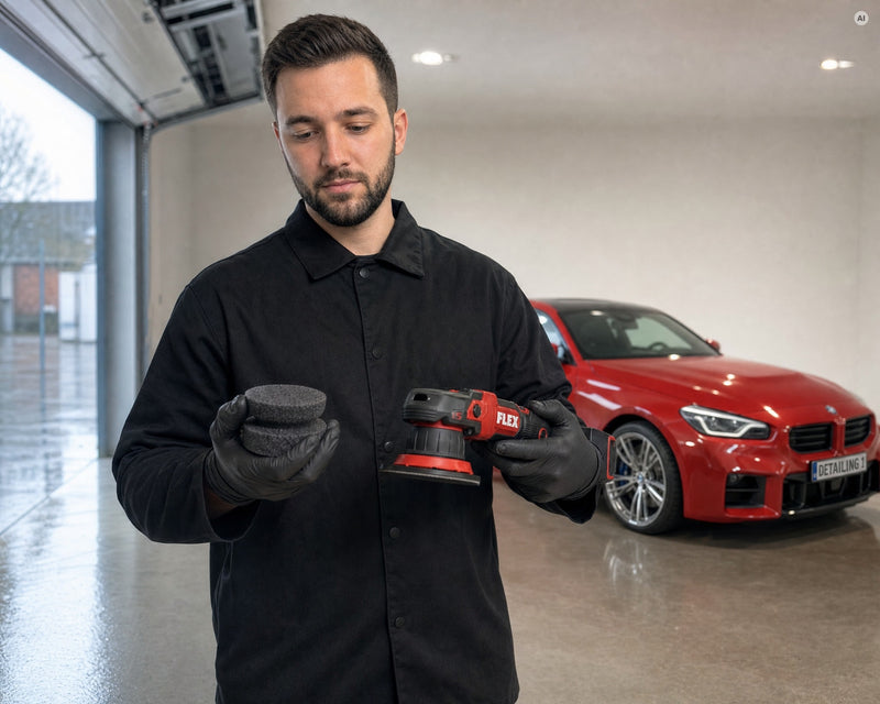 Daniel von Detailing1 hält in der Halle den Koch-Chemie Handpolierschwamm "Puck" und einen FLEX Akku-Exzenterpolierer nebenei