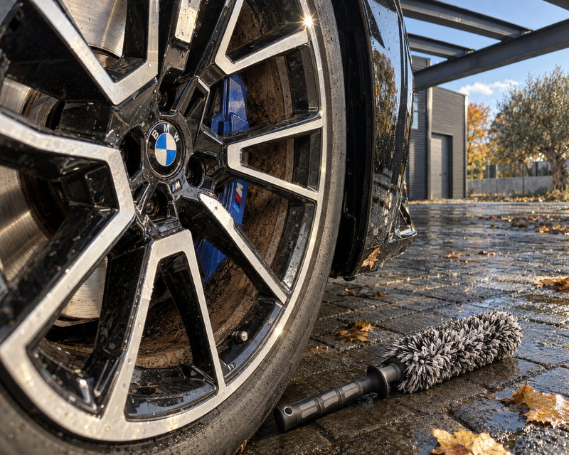 THE COLLECTION Flex Brush microfibre wheel brush on wet pavement in front of a black BMW M5's brake-dust-covered wheel