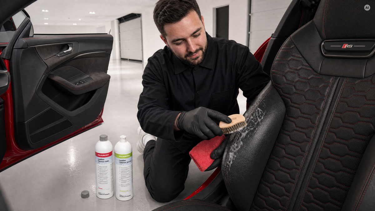 Schiuma sul fianchetto del sedile, mild e strong fianco a fianco — detergenti per pelle COLOURLOCK da Detailing1