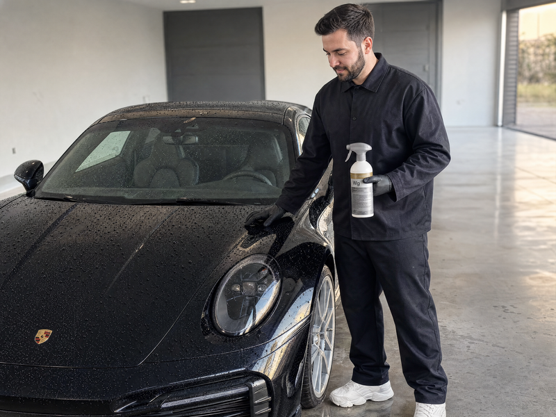Anwendung am schwarzen Porsche 911 mit Koch-Chemie WetGloss Wg 500 ml