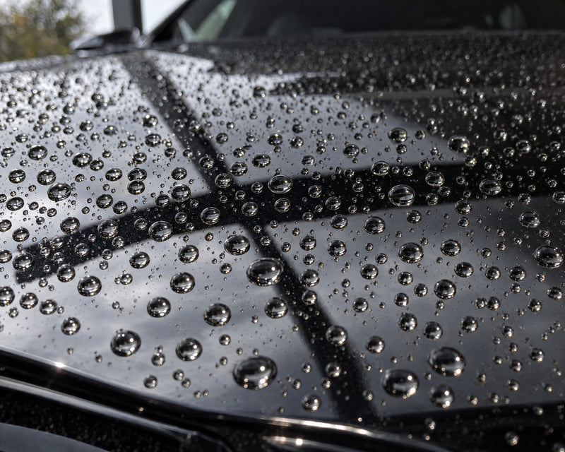 Detailing1 result on a black BMW M5 — round water beads on the freshly protected bonnet