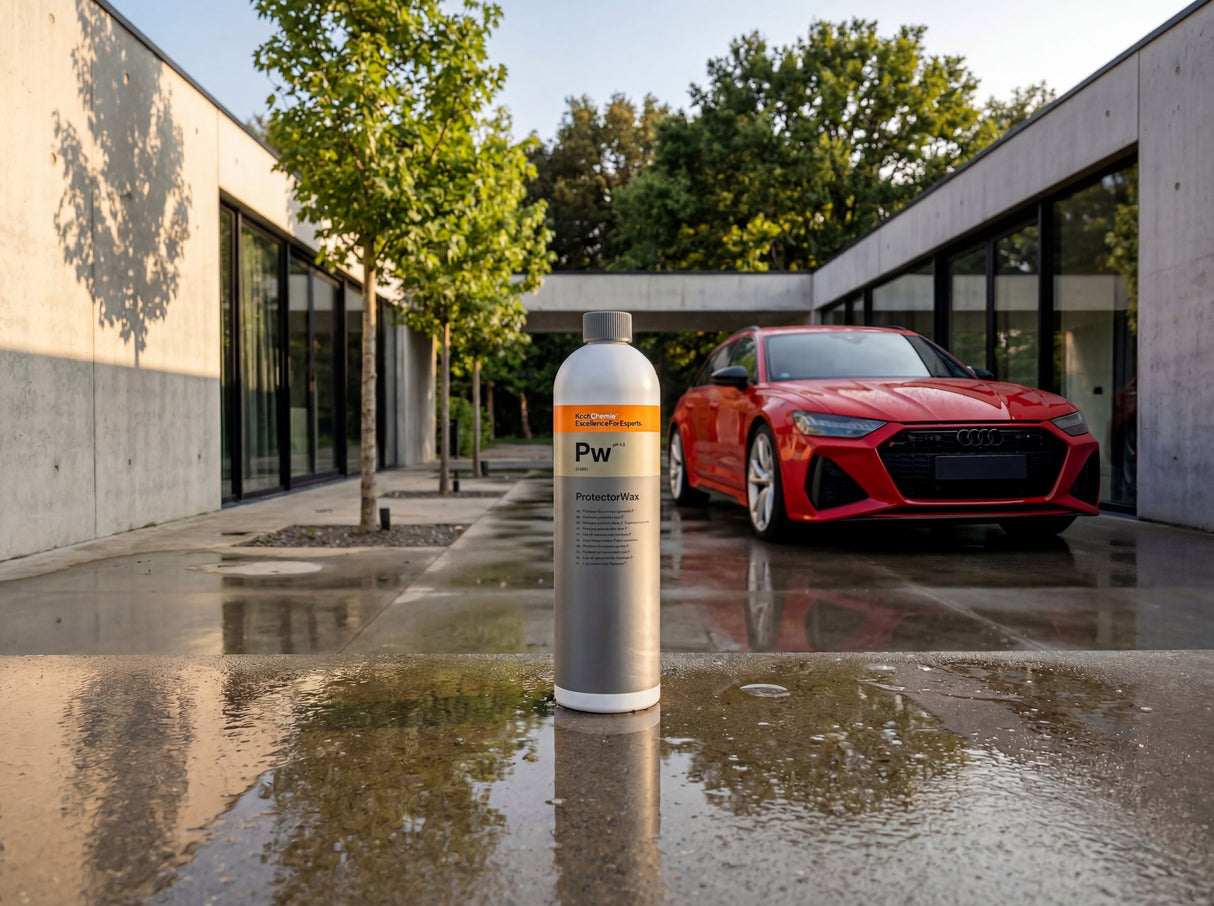 Koch-Chemie Protector Wax Pw Nassversiegelung auf nassem Beton vor rotem Audi